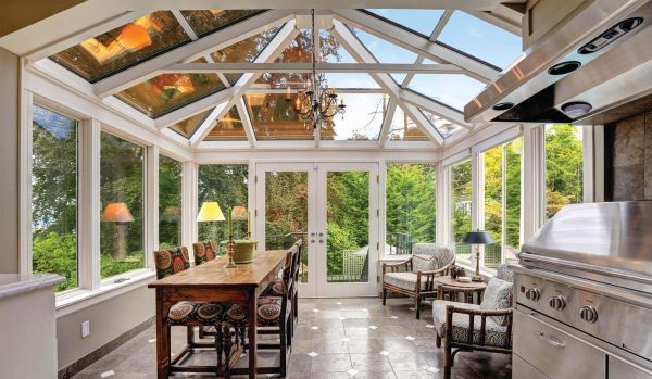 Home sunroom with glass ceiling