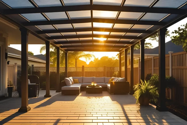 Patio cover inside view during sunset