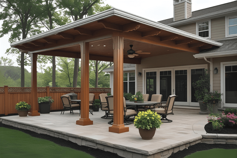 Patio cover featuring wooden posts and a sloped roof, providing shade over a seating area with chairs and a table, surrounded by greenery and decorative plants, relevant to choosing patio covers for Louisiana's climate.
