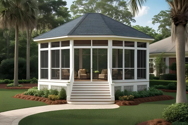 Custom-designed screen room with a sloped roof, surrounded by lush greenery, featuring comfortable seating and a welcoming entrance, ideal for outdoor living in Louisiana.