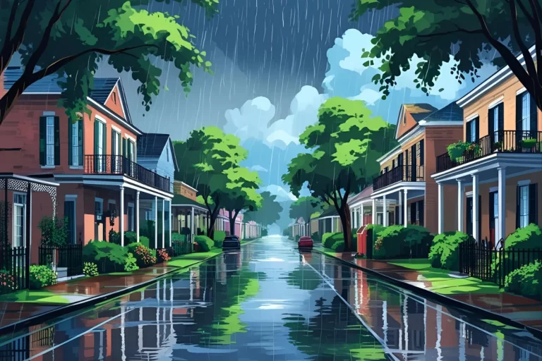 New Orleans street scene with vibrant homes and heavy rainfall, illustrating the need for effective water management and seamless gutters to protect properties.