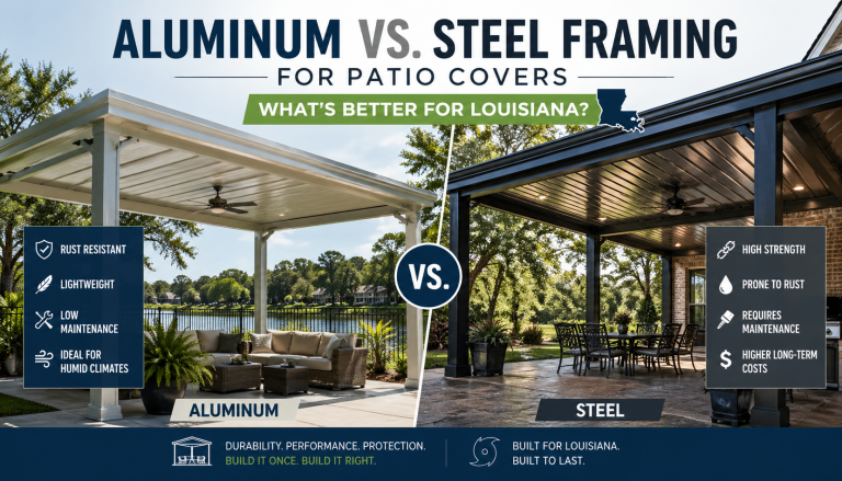 Split-screen patio cover comparison: aluminum on the left with rust resistance, lightweight, low maintenance; steel on the right with high strength, rust risk, maintenance, higher long-term costs.