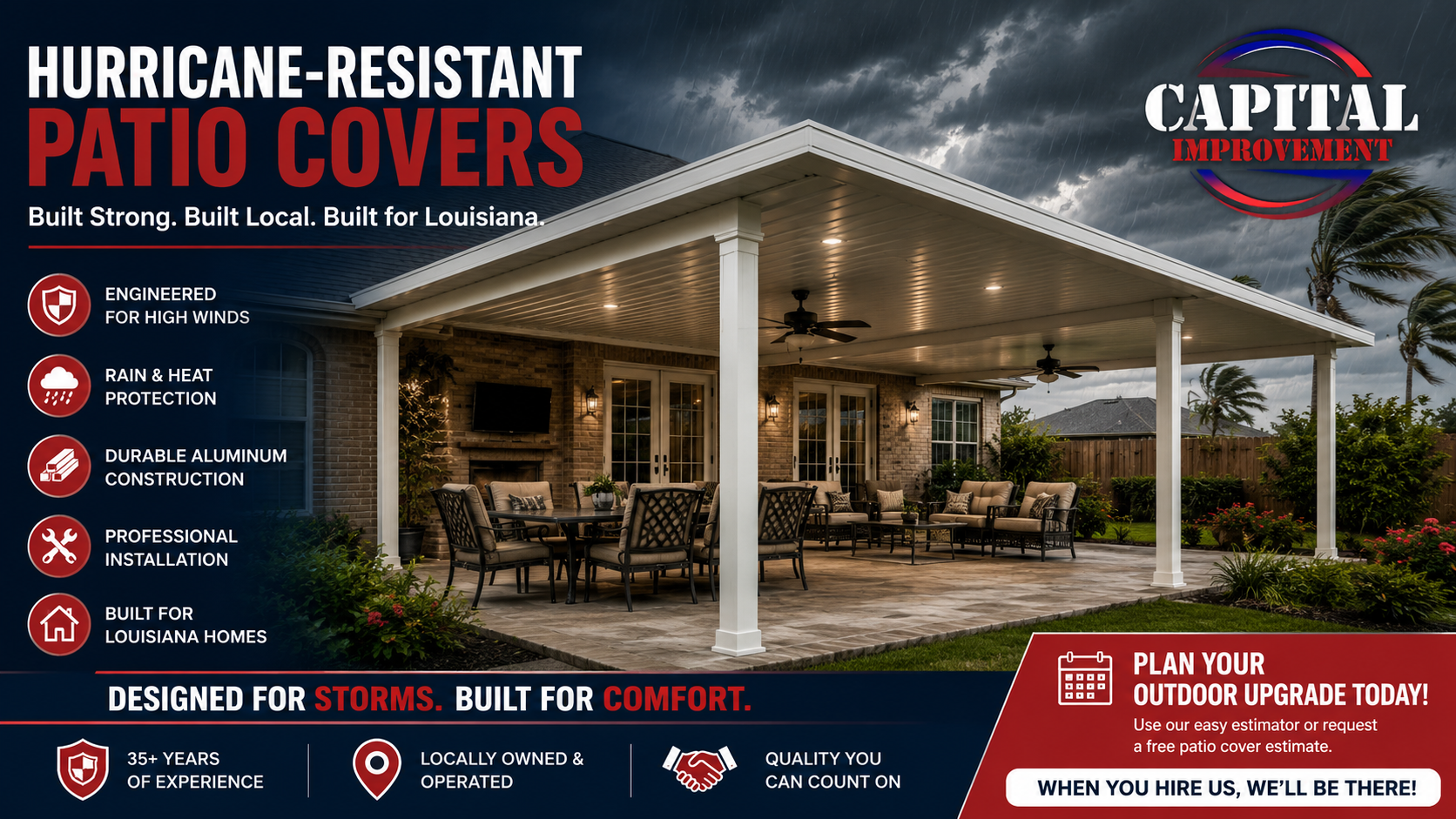 Hurricane-resistant aluminum patio cover installed on a Louisiana home with storm clouds and high winds in the background, showcasing durable outdoor living space designed for heat, rain, and hurricane-prone weather.