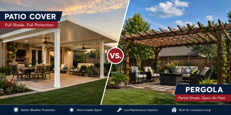 Side-by-side comparison of a covered backyard patio and a wooden pergola in a Louisiana residential outdoor living space, highlighting full shade patio covers versus open-air pergolas.