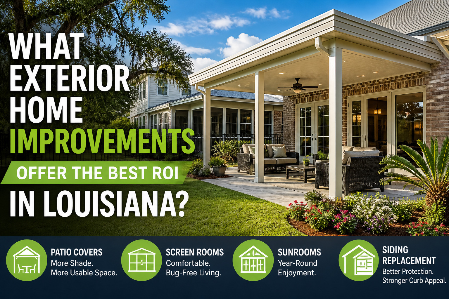 Promotional banner: 'What exterior home improvements offer the best ROI in Louisiana?' over a bright backyard patio with seating under a covered porch and landscaping.]