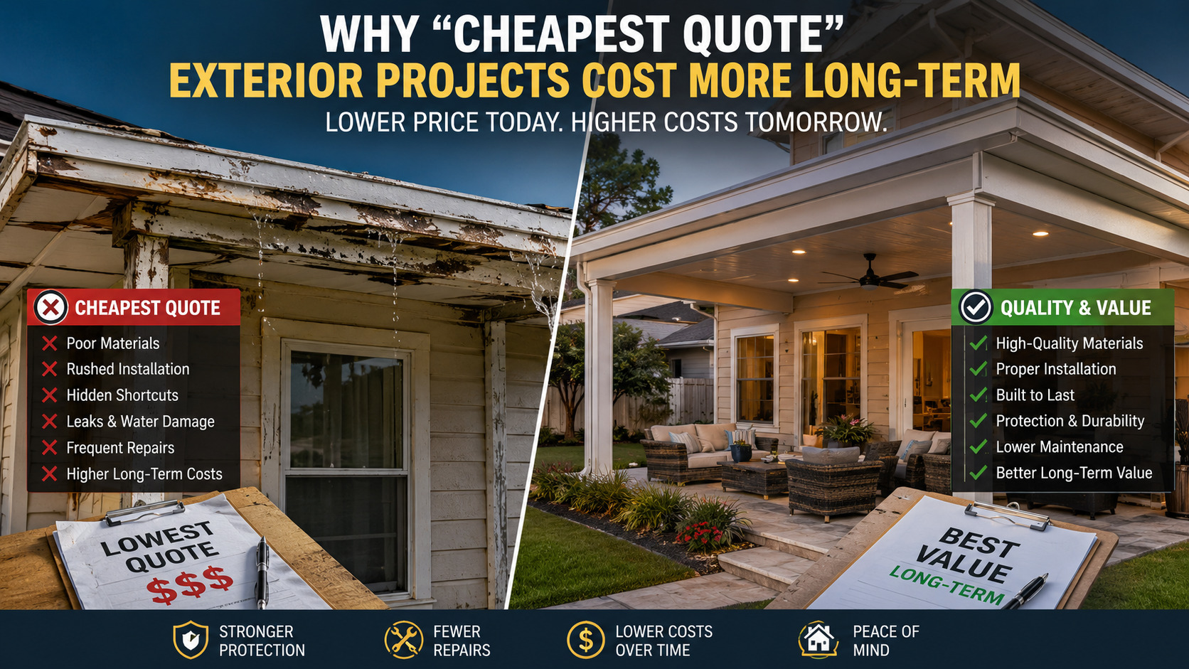 Split-image promoting exterior projects: left shows 'Cheapest Quote' with faults, right shows 'Quality & Value' and better results for long-term costs.