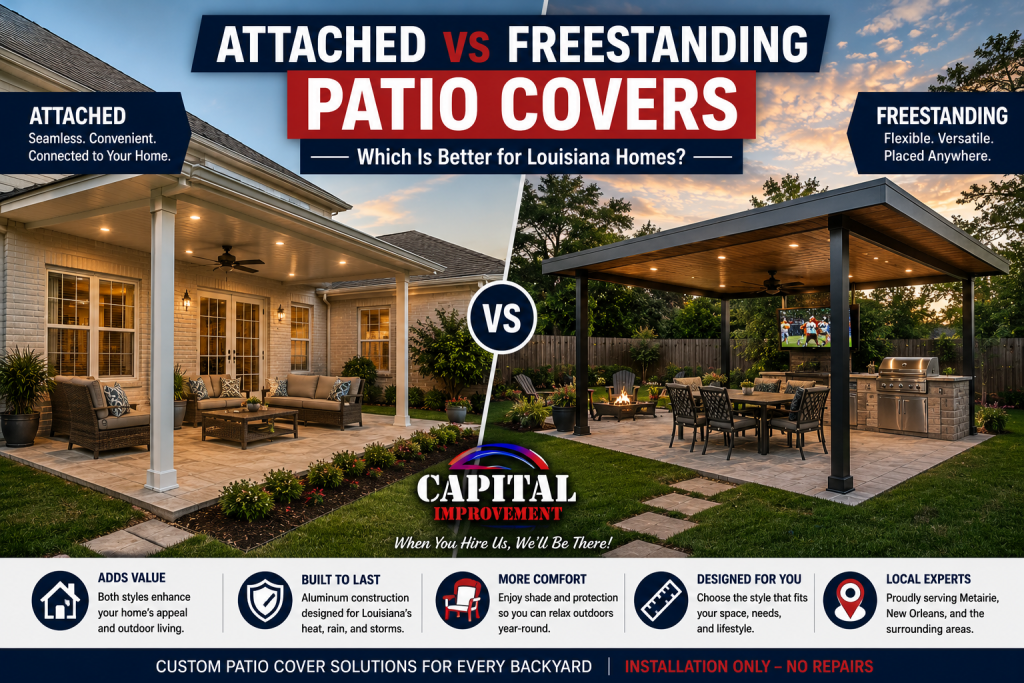 Side-by-side comparison of attached and freestanding aluminum patio covers on Louisiana homes, featuring outdoor seating, dining areas, and the Capital Improvement logo, illustrating different backyard layout options, weather protection, and outdoor living benefits.