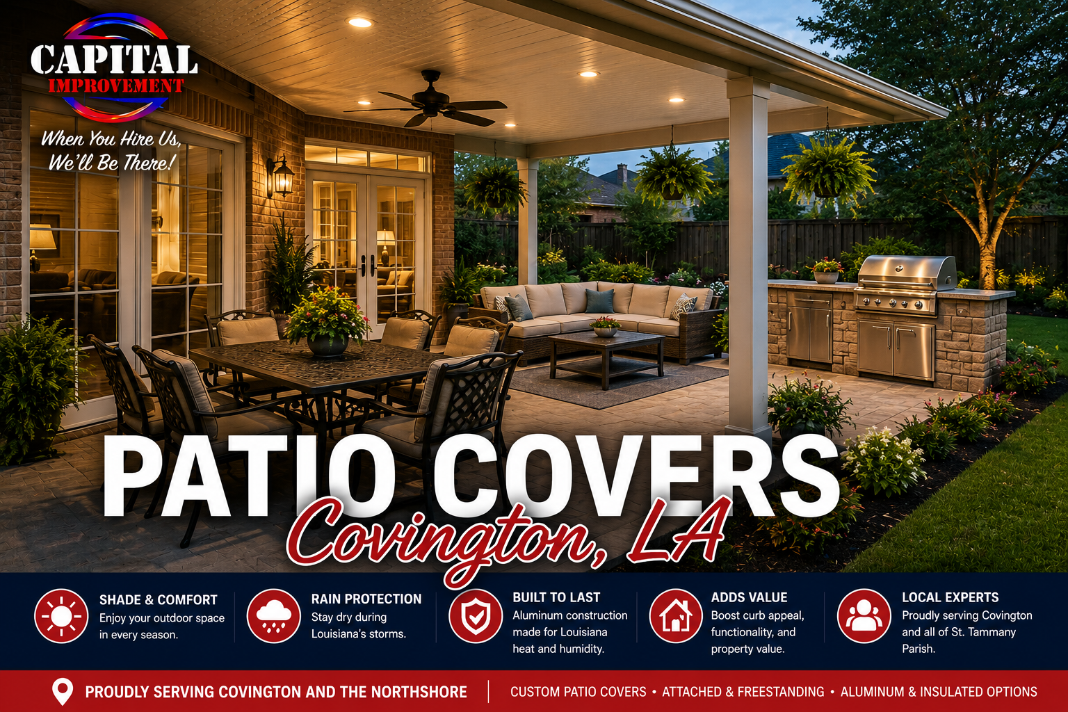 Custom aluminum patio cover on a Covington Louisiana home, creating a shaded outdoor living space designed for comfort, durability, rain protection, and year-round use.