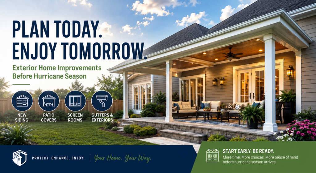 Hero image of a house with a covered patio and outdoor seating; large headline promoting exterior home improvements.