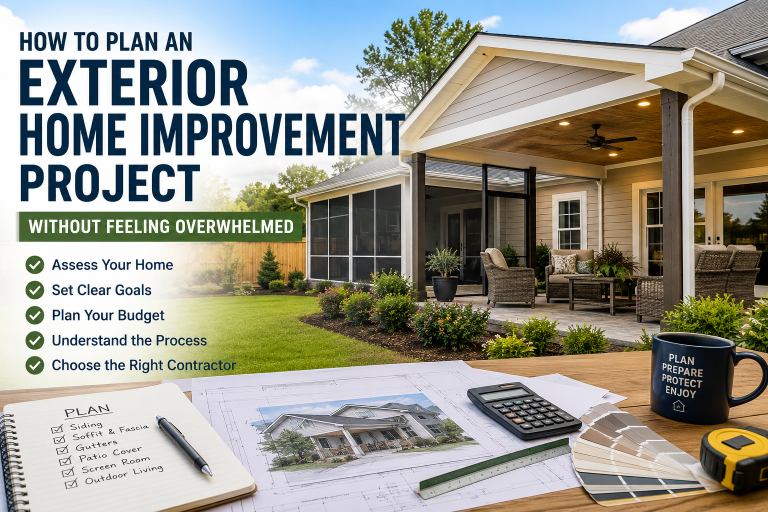 Promotional banner for exterior home improvement showing a backyard patio with planning notebook, blueprint, calculator, and color swatches on a table.