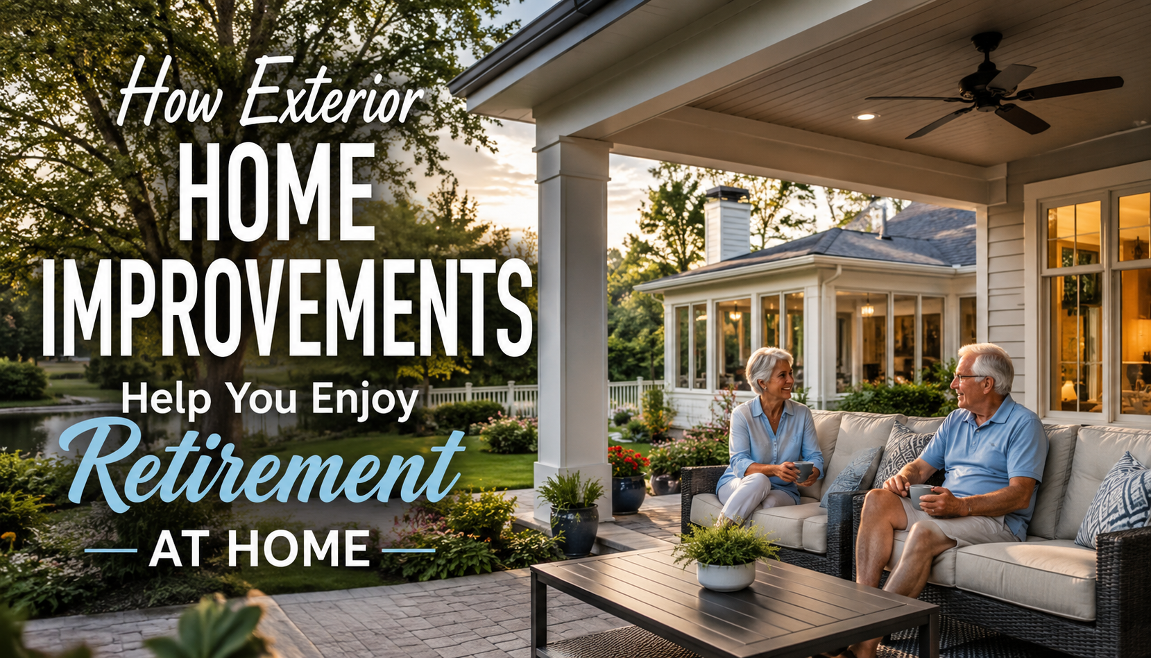 Senior couple relaxing on a covered patio as text reads 'How Exterior HOME IMPROVEMENTS Help You Enjoy Retirement AT HOME'.
