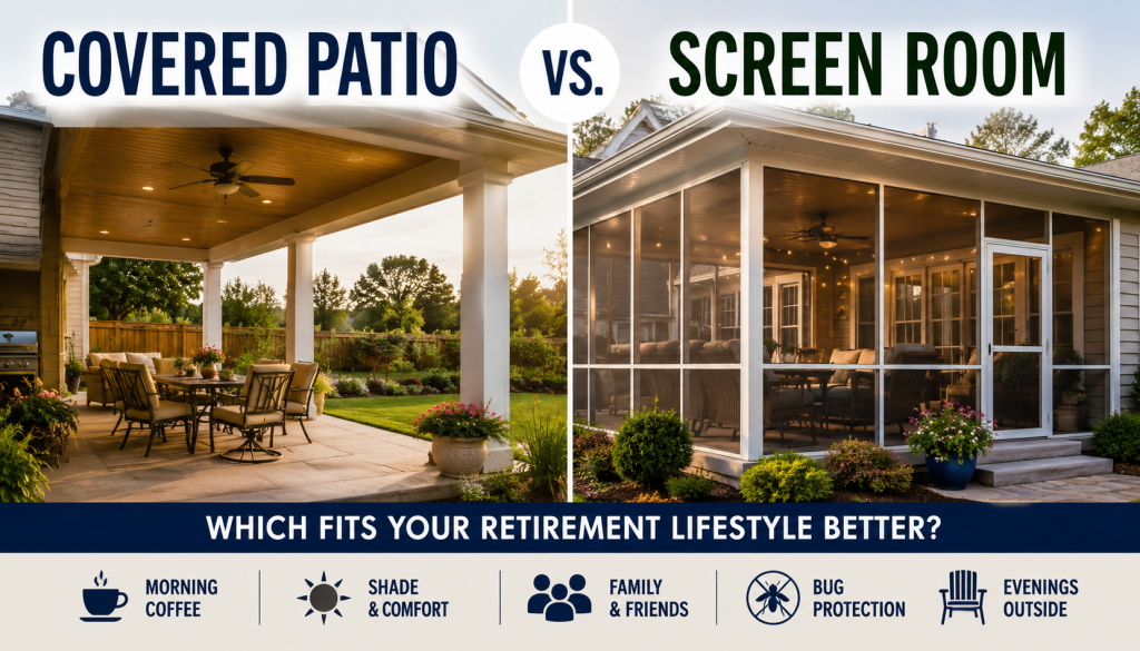 Left: covered patio with dining set and ceiling fan; right: glass-enclosed screen room with seating; bottom banner lists lifestyle icons (coffee, shade, family, bugs, evenings outside).