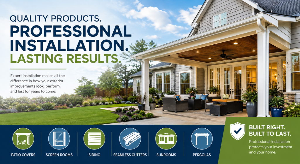Hero image advertising exterior home improvements: a house with a covered patio and large blue-green typography on the left, showing six service icons at bottom.